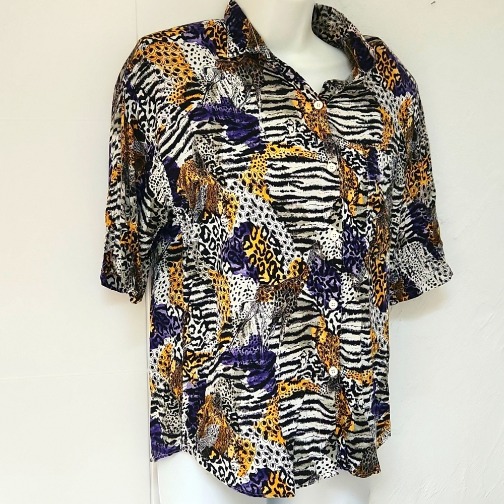 Vintage Tarazzia 80's Safari Animal Print Button Down Shirt M